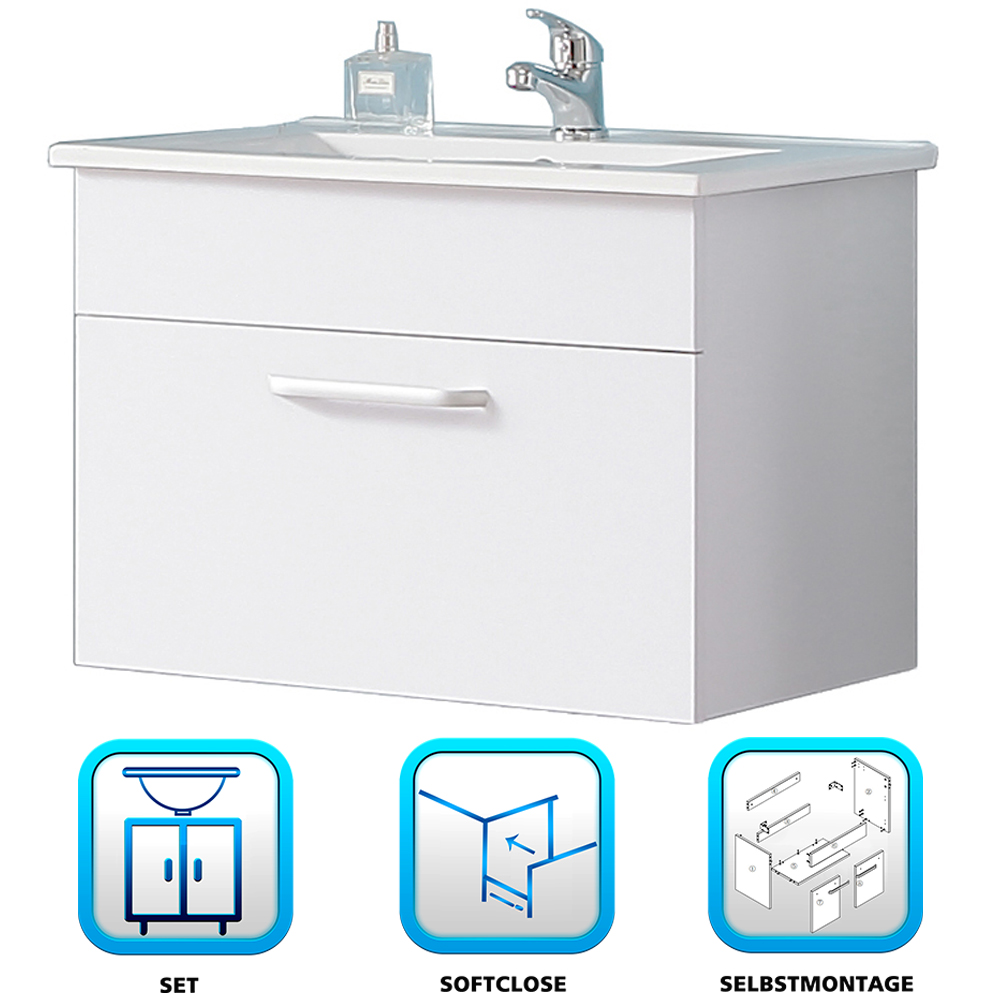 Badmöbel Set 60cm Weiß Walnusss Keramikbecken+Unterschrank Gäste WC